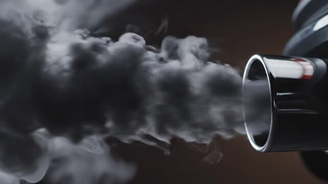 Thick white smoke billowing out of a chrome car exhaust pipe against a dark background. Represents air pollution and engine performance. Ideal for environmental and automotive content.