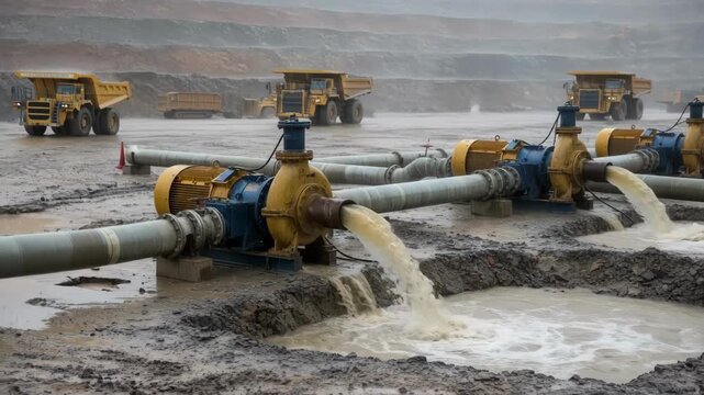 Medium shot of heavyduty water pumps operating in a mining site efficiently removing excess water through interconnected pipelines during rainy conditions.