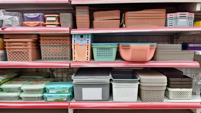 colorful plastic storage bins, baskets and box neatly arranged on a shelving unit