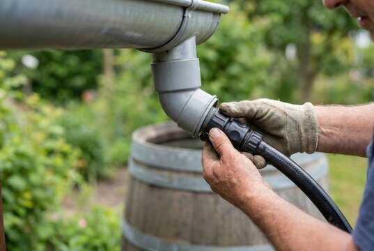 Gardener connecting a hose to a downspout diverter on a rain barrel to collect rainwater for the garden.