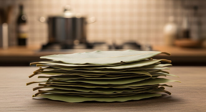 Dried Indian bay leaves (tej patta) on dark stone background, close up