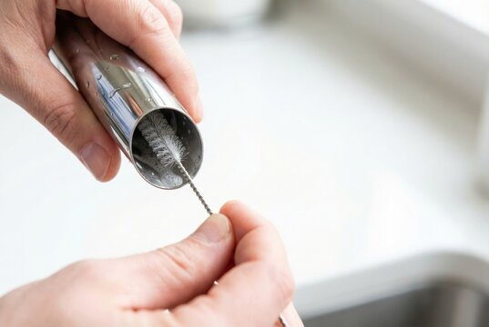 Person using a small brush to clean the inside of a reusable stainless steel drinking straw over a sink.