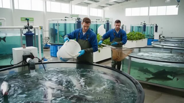 Medium shot of hatchery staff performing ecofriendly feeding routines to enhance broodstock vitality and ensure sustainable fish farming.