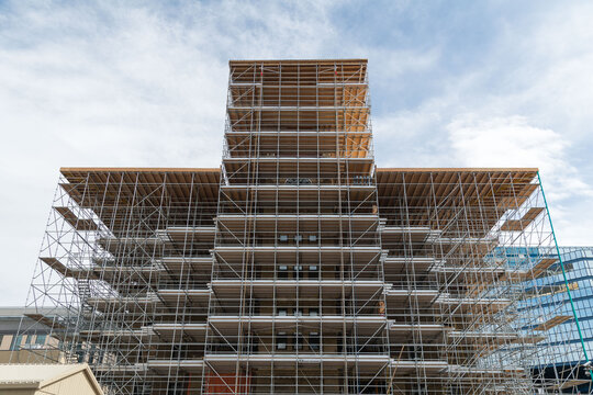 Canada, Alberta, Calgary.  Old historic City Hall covered in scaffolding for restoration