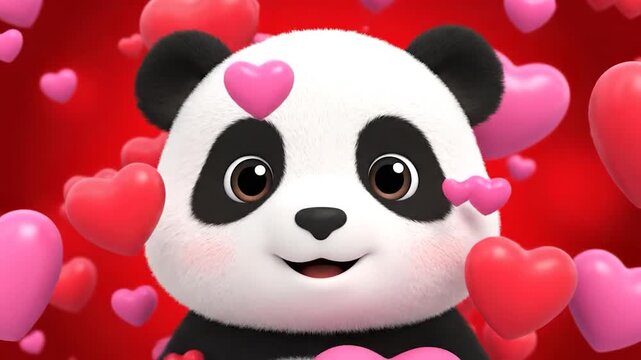 Adorable panda with black and white fur surrounded by floating red and pink heart shapes