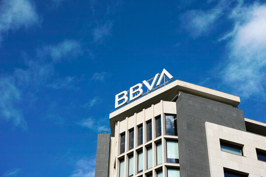 VALENCIA, SPAIN FEBRUARY 6, 2026: BBVA bank logo on top of building