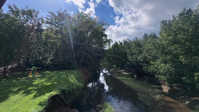 A lovely stream flows gently through a park on a bright sunny day