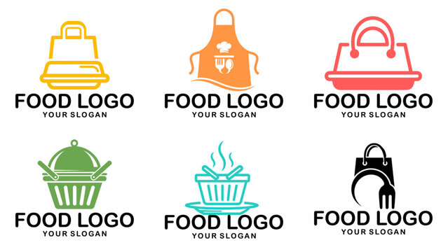 Contemporary food logo pack with chef hat and shopping elements. Ideal for takeaway, catering, and grocery stores