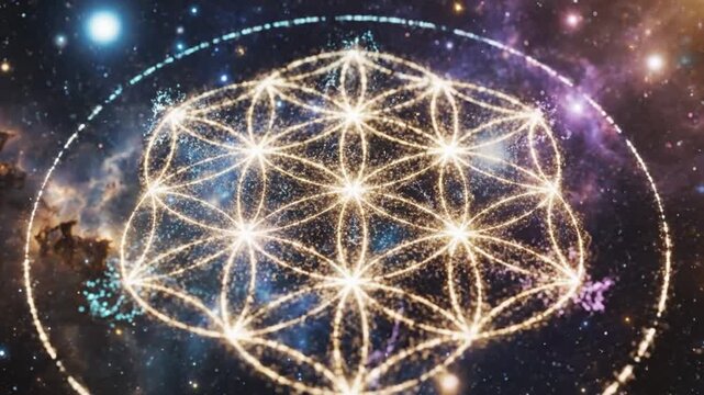 Glowing geometric pattern of interconnected circles and lines in a cosmic environment viewed from a distant perspective