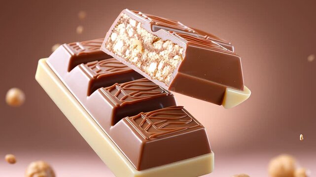 Chocolate bar with caramel nut filling floating in air on soft pastel background, sweet dessert concept with creamy layers and crunchy texture