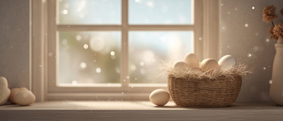 Easter eggs in cozy nest by window with soft sunlight and floating dust bokeh