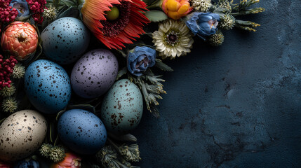 Floral Easter frame with dyed eggs on dark stone background top view copy space