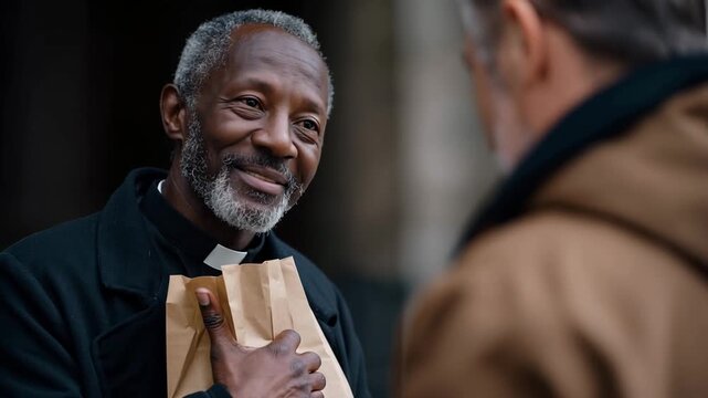 Man giving a donation in a paper bag to a priest, who accepts it gratefully, showing charitable act and community support