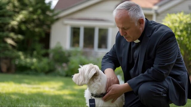 Priest petting a small dog outdoors, gentle interaction and warm companionship in sunny garden setting