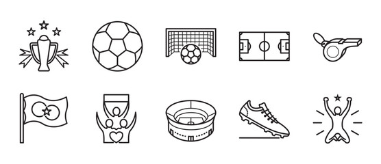 International Football Tournament Outline Vector Icon Set – Trophy, Soccer Ball, Goal Net, Field Layout, Whistle, Flag, Fans, Stadium, Cleats, Celebration © Abi