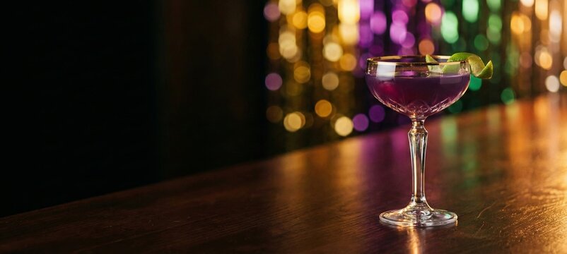 Elegant purple Mardi Gras cocktail in coupe glass with lime twist on wooden table bokeh lights