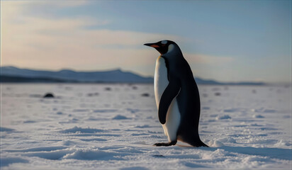 Obraz premium majestic emperor penguin stands alone on a vast expanse of snowy ice in Antarctica