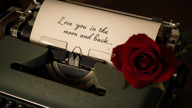 Vintage typewriter with love letter and red rose romantic gesture