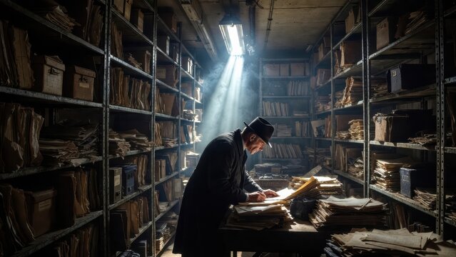 Man in vintage office surrounded by stacks of paperwork and files