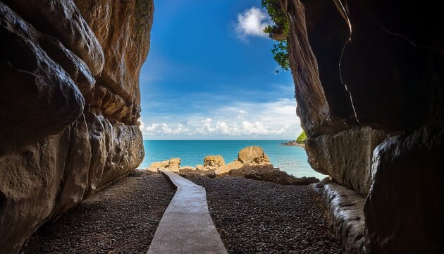 Coastal Path Framed By Tall Rock Walls Opening Toward Bright Sea And Blue Sky Beyond Kuala Penyu Sabah Malaysia