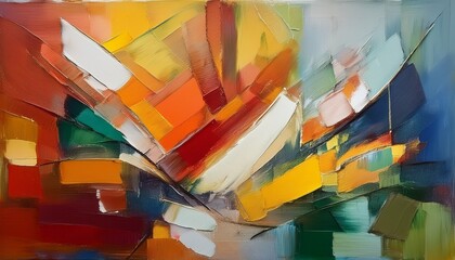 Abstract Painting Composition With Brush Stroke Details Dynamic Shapes And Blended Shadow With Vibrant Colors Of Yellow Brown Orange Mustard Blue Green Maroon And Ash Blue Gray