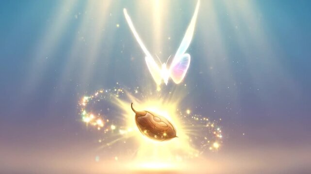 Animated seed with ethereal wings and light rays