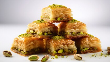 Golden Layered Baklava Pastry Filled With Pistachios Sits Against A Bright White Background Ai Generated