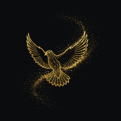 Obraz premium Golden flying dove silhouette with geometric line art and a sparkling stardust trail on a black background. Luxury vector illustration of a peace bird for spiritual and holiday designs.