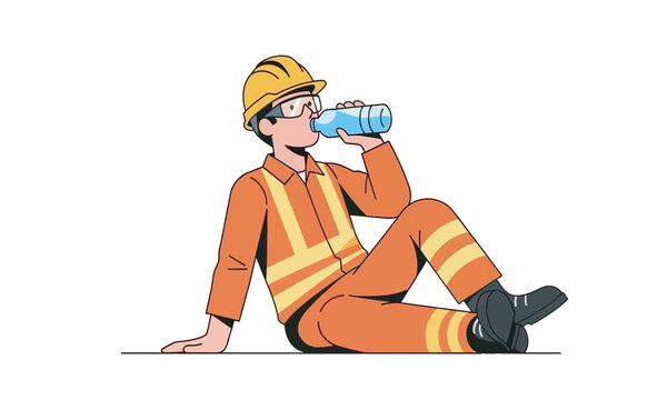 A clean vector illustration of a construction worker in an orange safety uniform and yellow hard hat, sitting on the ground and drinking water from a bottle.