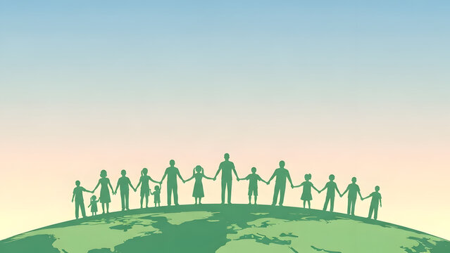 Diverse people holding hands on a globe, representing unity and global community