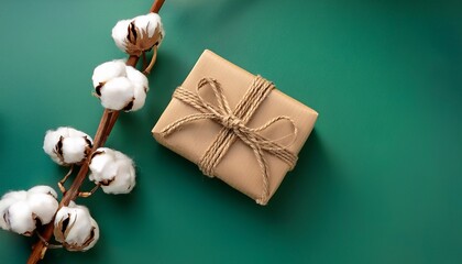 Gift Box Wrapped In Natural Brown Paper With A Twine Bow Resting On Cotton Branch Against A Green Background Creating A Cozy And Festive Atmosphere For Celebrations