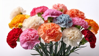 Cheerful Multicolored Carnations Blossom In Abundance Against White Background