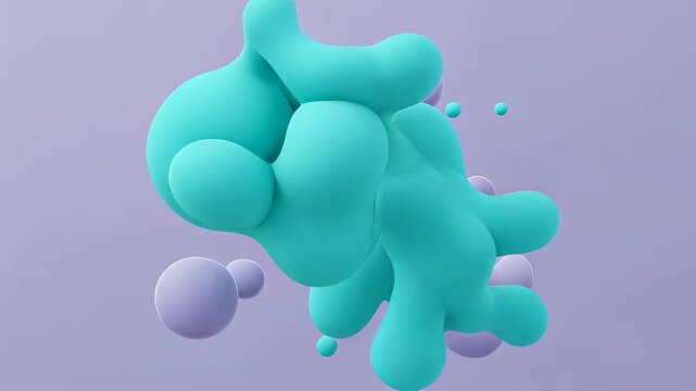 Abstract background with morphing cyan blob and purple spheres on a lilac backdrop. Dynamic liquid shape animation.