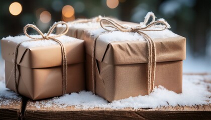 Close Up Of Elegantly Wrapped Packages Artfully Dusted With Pristine White Snow Resting On A Rustic Wooden Surface Evoking A Serene And Festive Winter Atmosphere