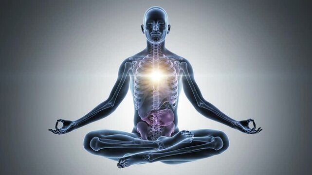 Human Body in Yoga Pose Showing Anatomy Organs and Chakra Energy