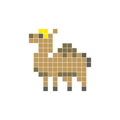 A flat pixel design made of geometric square color blocks on a clean icon layout. Pixel art camel © Adpragus