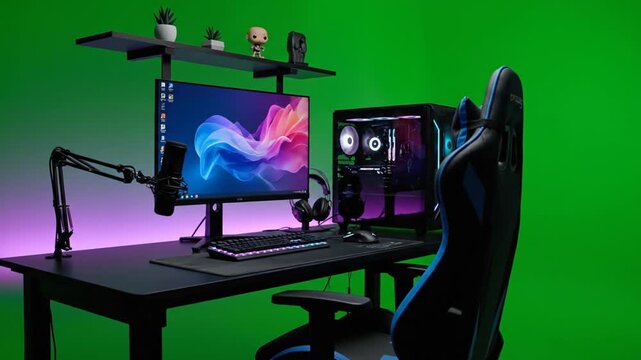 Professional gaming setup workstation green screen chroma key background