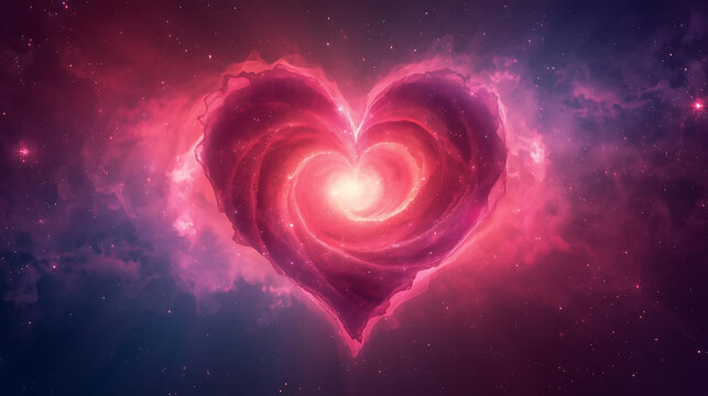 Vibrant pink heart glowing brightly in starry cosmic background