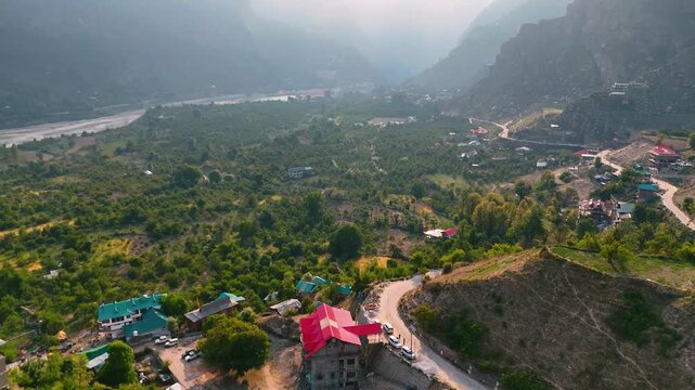 Drone Shot of Sangla Valley Landscape with Forests and Mountain Slopes