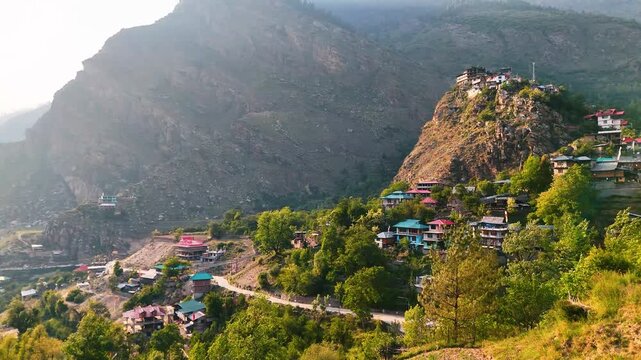 Aerial View of Sangla Village Surrounded by Green Hills, Himachal Pradesh