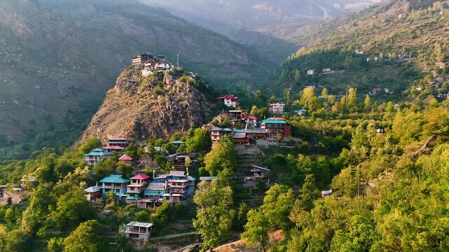 Drone Panorama of Sangla Valley Settlement in Himalayan Mountains