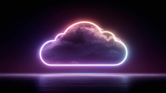 Illuminated cloud shape glowing with neon lights, in purple and blue, reflected on a shiny surface