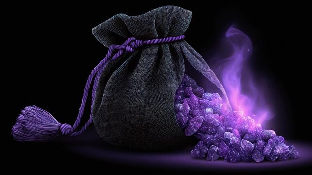 A dark drawstring pouch, tied with violet rope, spills out glowing purple crystals against a black background