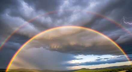 Vibrant Rainbow Arcs Across Dramatic Sky Over Green Landscape.