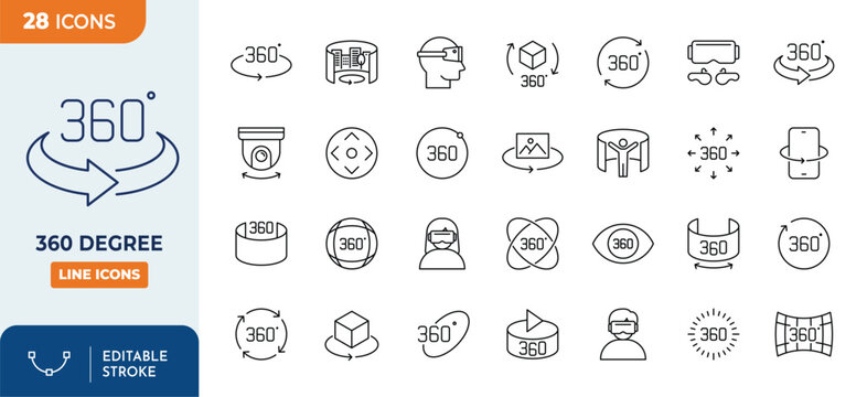 360 degree views icon set. Contain icons related to indicate the rotation or panoramas to 360 degrees. Editable stroke. Vector illustration