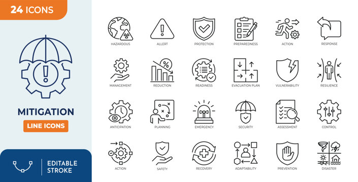 Mitigation icon set. Contain icons related to mitigation, prevention, reduction, control, protection, security, preparedness, response, and more. Editable stroke. Vector illustration
