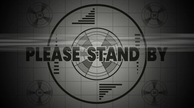 Glitchy test pattern screen for please stand by break, suitable for video production, tv and film projects, broadcasting, waiting rooms, and presentations.