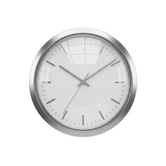 A modern minimalist clock with a clean design showing time, suitable for home and office. The clock has a simple, sleek design with a metallic frame. The hands of the clock are sharp.