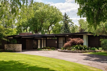 A contemporary home features expansive windows, allowing natural light to flood the interior, complemented by lush greenery in the front yard, all beneath a bright and sunny sky