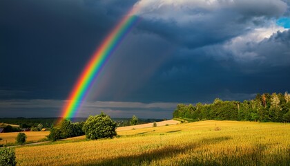 Fototapeta premium Rainbow Over Stormy Sky Rural Landscape With Rainbow Over Dark Stormy Sky In A Countryside At Summer Day